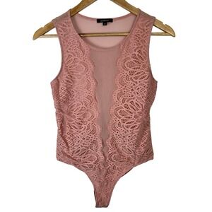 Ambiance Pink Lace Mesh Sheer Sleeveless Bodysuit Women's Medium